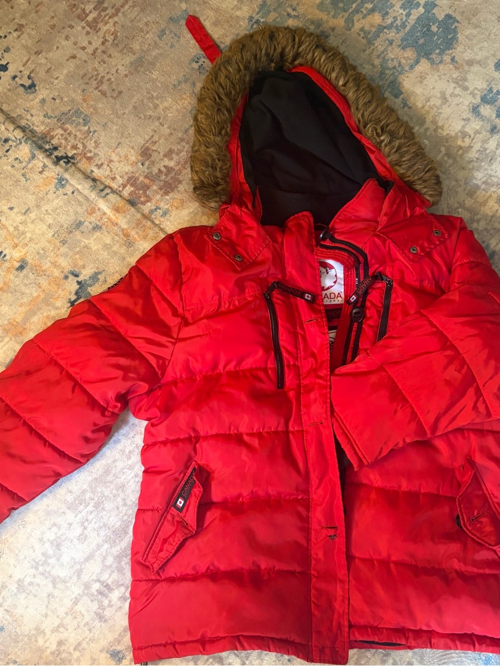 Women’s Red Puffer Jacket with Faux Fur Hood
